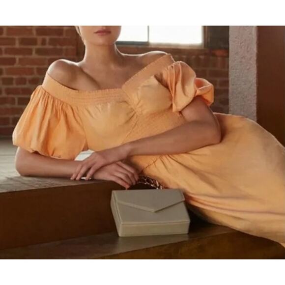 A.L.C. Adena Off-Shoulder Midi Linen Dress Puff Sleeve in Cantaloupe Size 0 - Picture 13 of 13